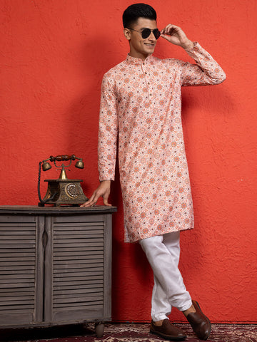 Mens Printed Cotton Kurta Set with All Over Thread Work