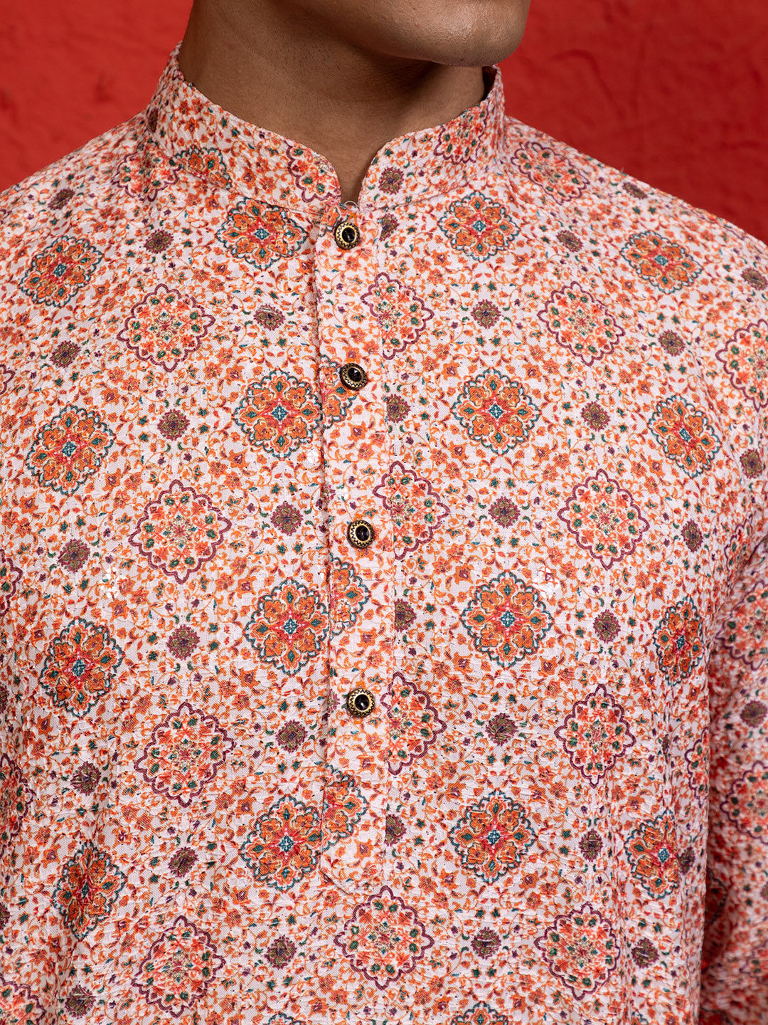 Mens Printed Cotton Kurta Set with All Over Thread Work