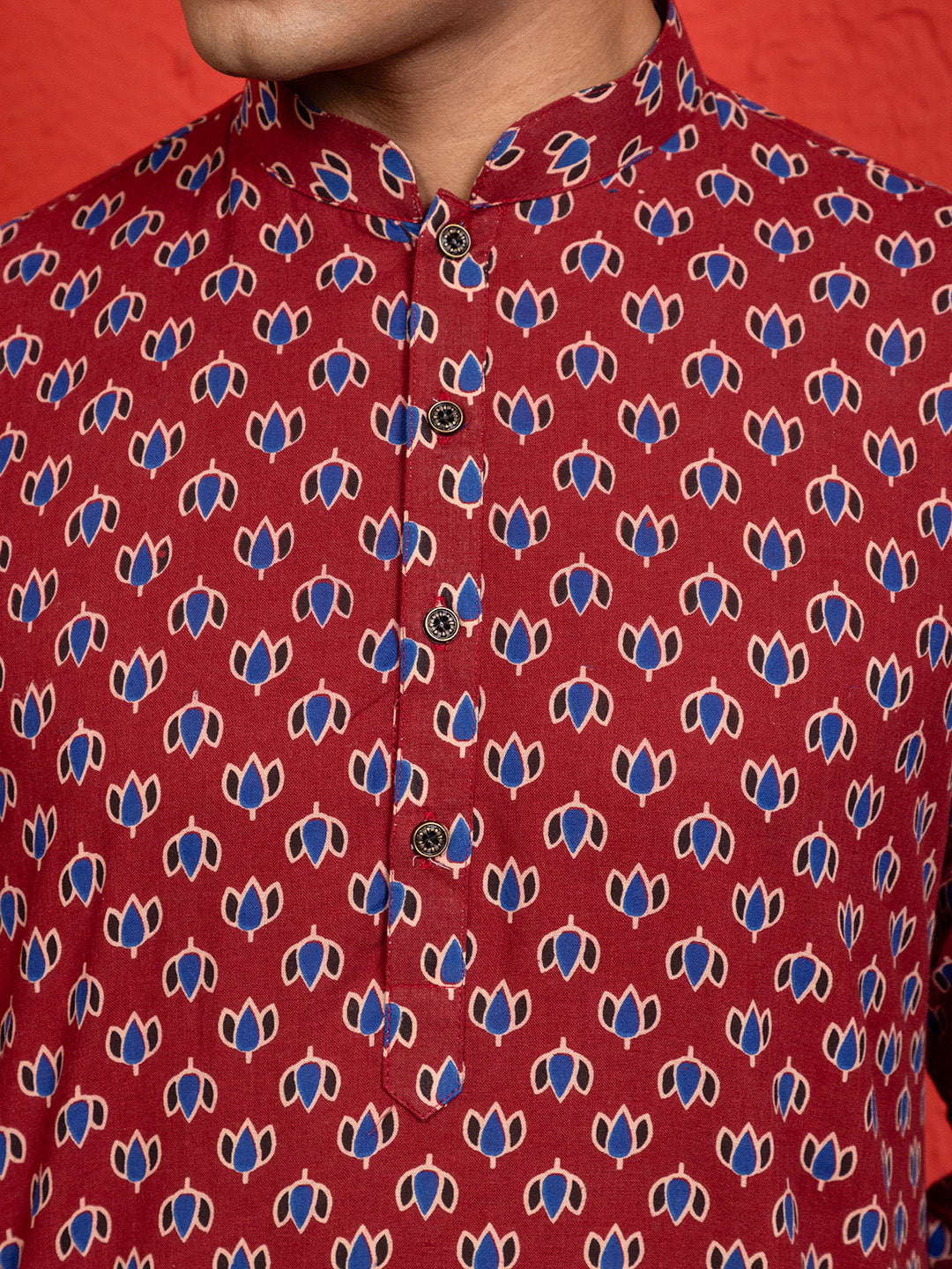 Mens Red All-Over Printed Cotton Kurta Set