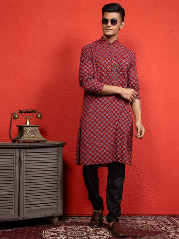 Mens Red All-Over Printed Cotton Kurta Set