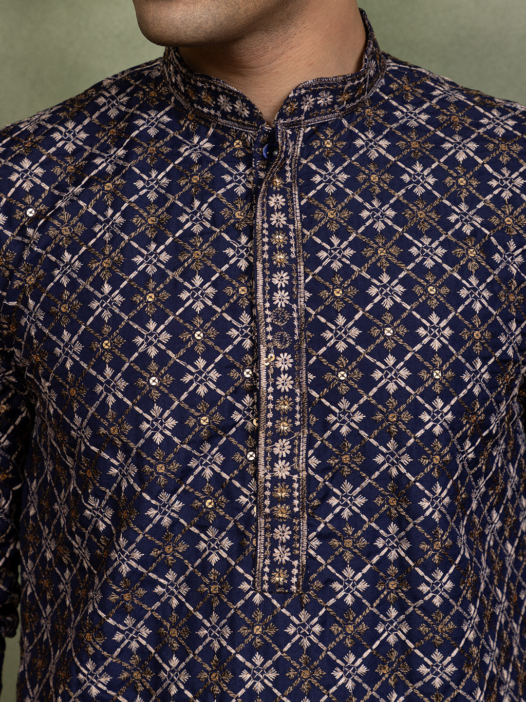 Mens Navy Blue Embellished Cotton Kurta Set