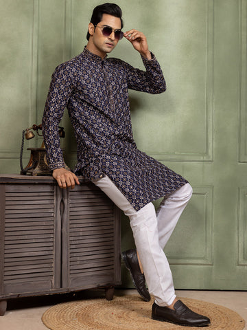 Mens Navy Blue Embellished Cotton Kurta Set
