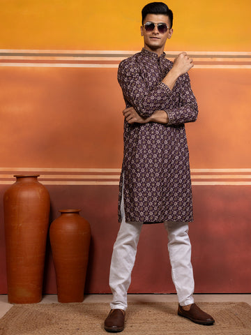 Mens Purple Embellished Cotton Kurta Set