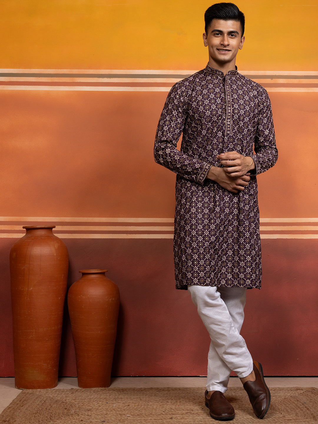 Mens Purple Embellished Cotton Kurta Set